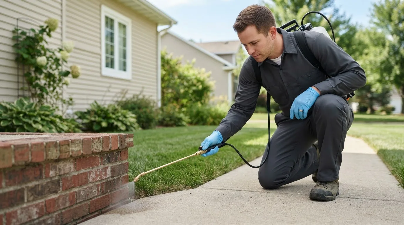 Pest control technician treating a home near Ochelata, OK
